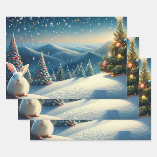 Christmas Bunny with Decorated Christmas Tree Wrapping Paper Sheet (Set)