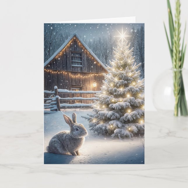 Christmas Bunny With Glowing Tree and Barn Card (Front)