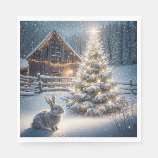 Christmas Bunny With Glowing Tree and Barn Napkin (Front)