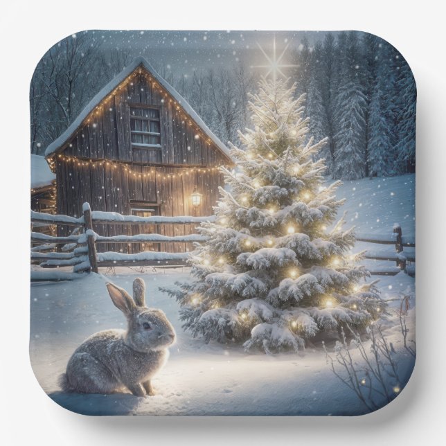 Christmas Bunny With Glowing Tree and Barn Paper Plate (Front)