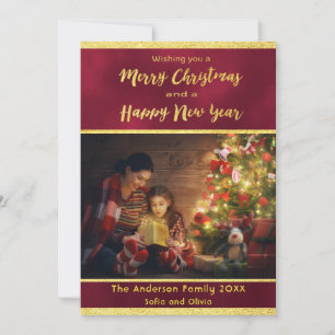 Christmas burgundy gold stars photo card