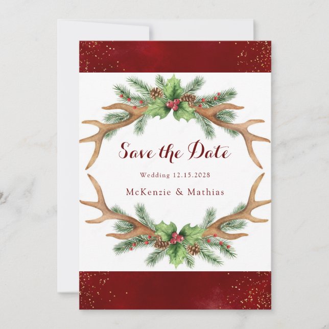 Christmas Burgundy Gold Wedding Save the Date Card (Front)