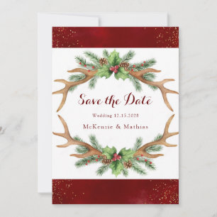 Christmas Burgundy Gold Wedding Save the Date Card