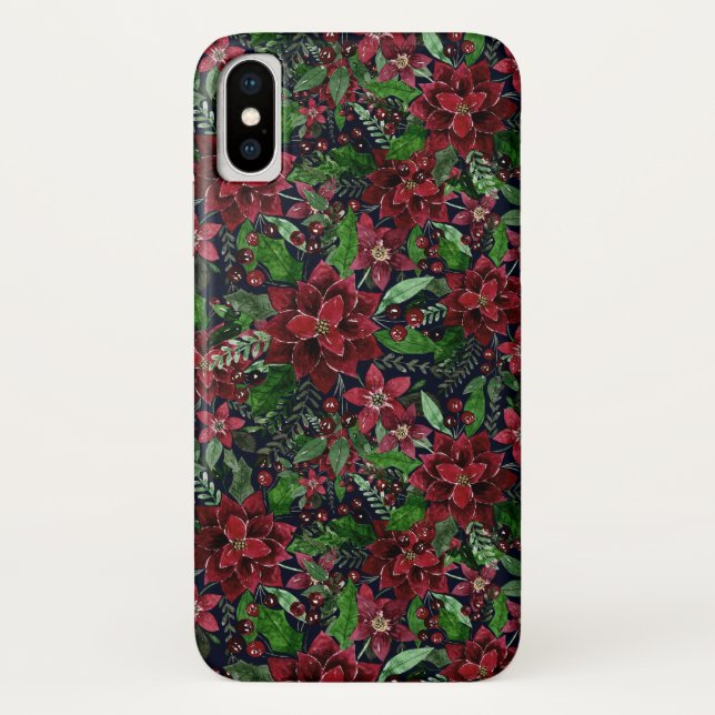 Christmas Burgundy Poinsettia Flowers Watercolor Case-Mate iPhone Case (Back)