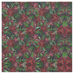 Christmas Burgundy Poinsettia Flowers Watercolor Fabric