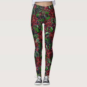 Christmas Burgundy Poinsettia Flowers Watercolor Leggings