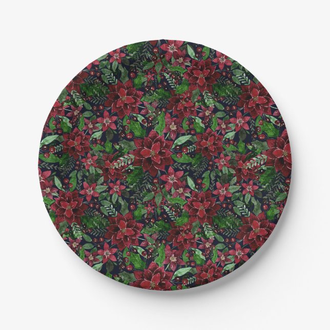 Christmas Burgundy Poinsettia Flowers Watercolor Paper Plate (Front)
