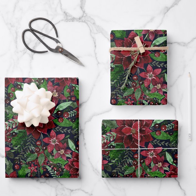 Christmas Burgundy Poinsettia Flowers Watercolor Wrapping Paper Sheet (Front)