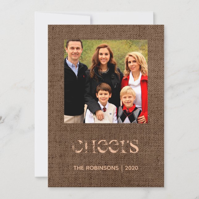 Christmas Burlap Antler Pattern Family Photo Holiday Card (Front)