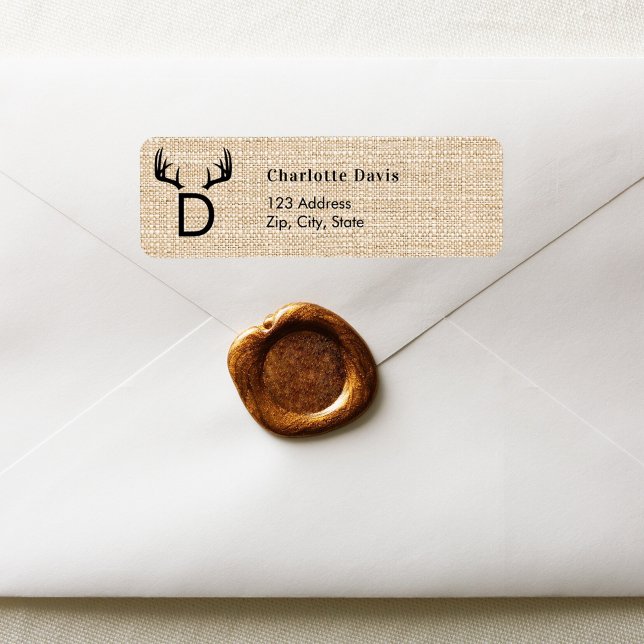 Christmas burlap antlers monogram return address  label (Creator Uploaded)