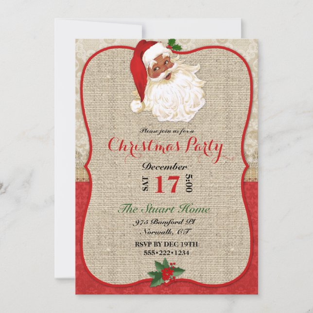 Christmas Burlap Damask Santa Claus  Invitation (Front)