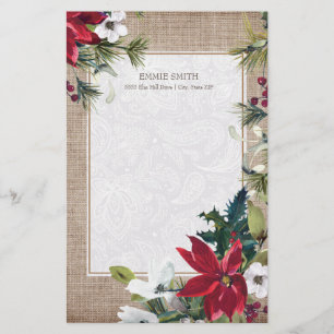 Christmas Burlap Lace Poinsettias Green Leaves Stationery