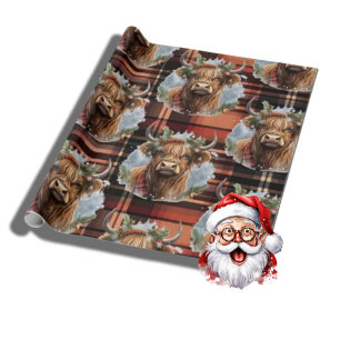 Christmas burnt orange Tartan Highlander Cow  Wrapping Paper