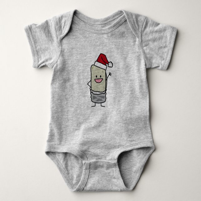 Christmas Burrito Waving Hello Santa Hat Baby Bodysuit (Front)