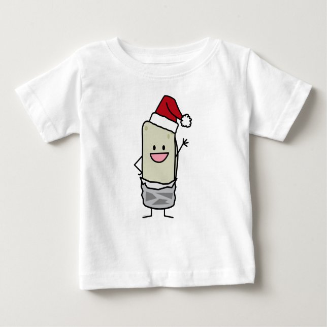 Christmas Burrito Waving Hello Santa Hat Baby T-Shirt (Front)