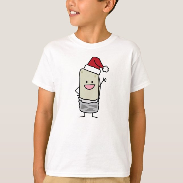 Christmas Burrito Waving Hello Santa Hat Holiday T-Shirt (Front)