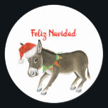 Christmas Burro Feliz Navidad Customisable Classic Round Sticker<br><div class="desc">Watercolor illustration of a donkey / burro decked out for the holidays in Santa cap and collar with customisable "Feliz Navidad" red text in modern script</div>