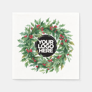 Christmas Business Logo Holly Berry Wreath Napkin