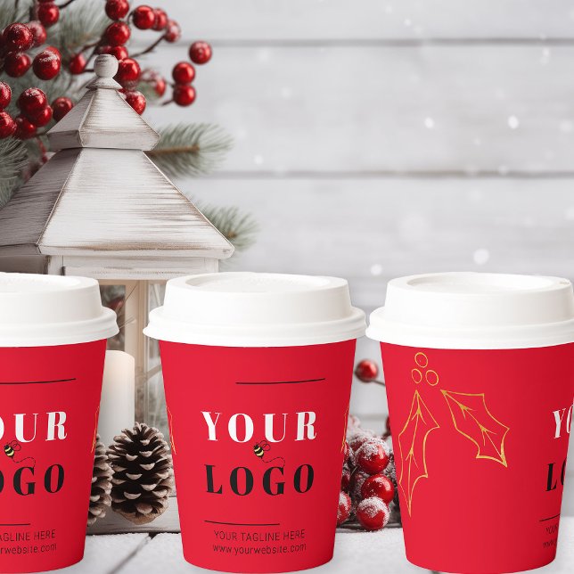 Christmas Business Logo Red Holly Paper Cups (Logo branded Christmas takeout coffee cups)
