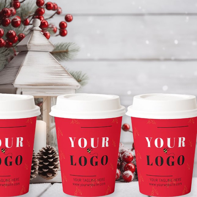 Christmas Business Logo Red Holly Patterned Paper Cups (Logo branded Christmas takeout coffee cups)