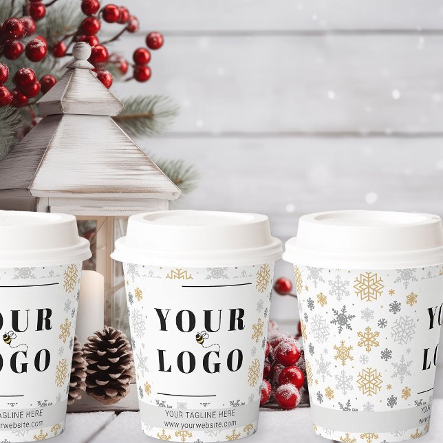Christmas Business Logo Winter Snowflake Patterned Paper Cups (Logo branded Christmas takeout coffee cups)
