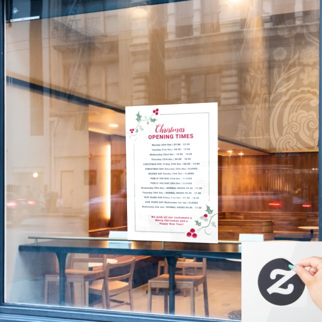 Christmas business opening times, green red holly (Cafe Window)