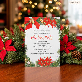 Christmas Business Party Greenery and Poinsettia  Invitation