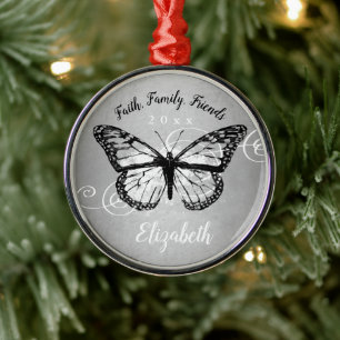 Christmas Butterfly Black Faux Silver Monogram Metal Ornament