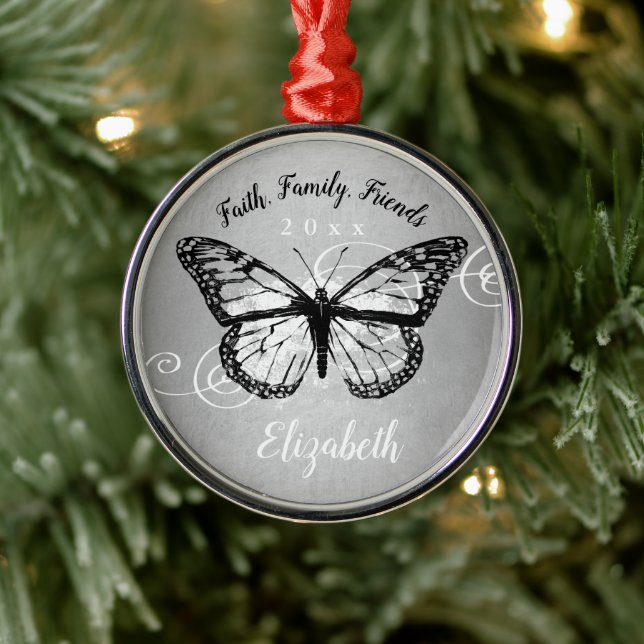Christmas Butterfly Black Faux Silver Monogram Metal Ornament (Tree)