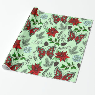Christmas Butterfly Poinsettia Holly Wrap Paper