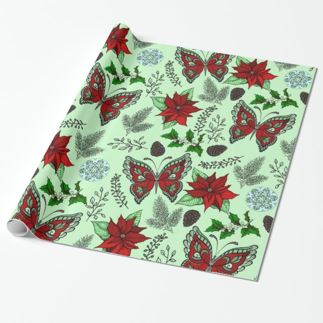 Christmas Butterfly Poinsettia Holly Wrap Paper (Unrolled)