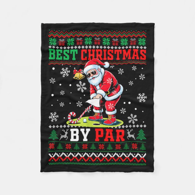Christmas By Par Santa Sweater Playing Golf Golfer Fleece Blanket (Front)