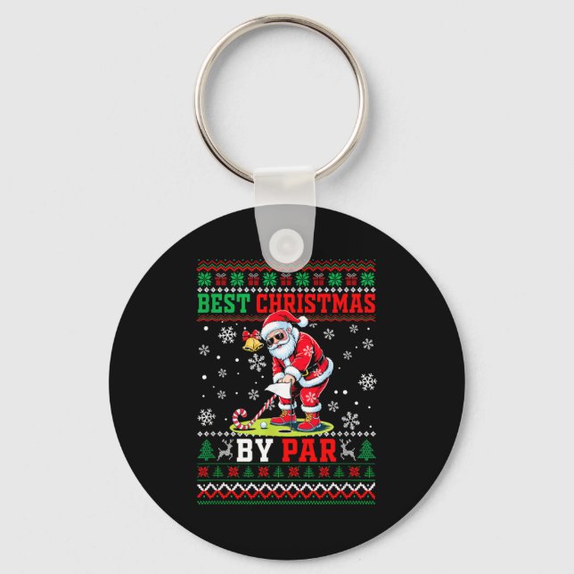 Christmas By Par Santa Sweater Playing Golf Golfer Key Ring (Front)