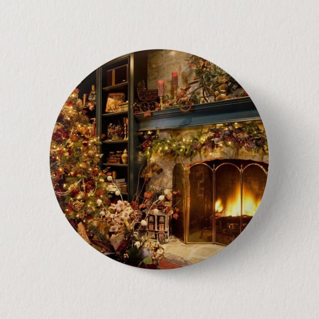 Christmas by the fireplace 6 cm round badge (Front)