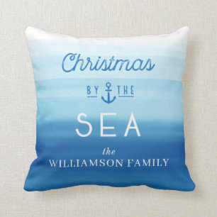 Christmas By The Sea Coast Blue Ombre Typographic Cushion