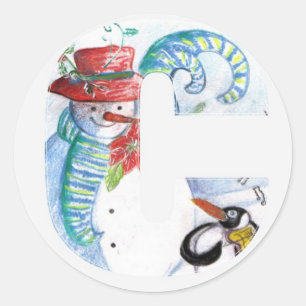 CHRISTMAS C LETTER ,PENGUIN'S SERENADE  MONOGRAM CLASSIC ROUND STICKER