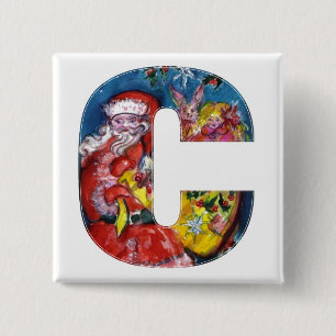 CHRISTMAS C LETTER  / SANTA  WITH GIFTS MONOGRAM 15 CM SQUARE BADGE