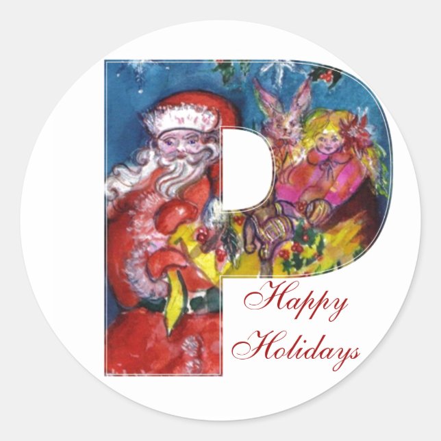 CHRISTMAS C LETTER  / SANTA  WITH GIFTS MONOGRAM CLASSIC ROUND STICKER (Front)