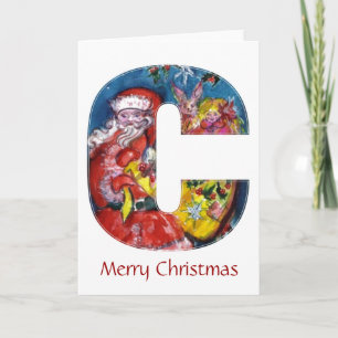 CHRISTMAS C LETTER  / SANTA  WITH GIFTS MONOGRAM HOLIDAY CARD