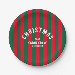 Christmas Cabin Crew Custom Green Red Stripe Paper Plate