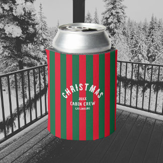 Christmas Cabin Crew Custom Red Green Stripe Can Cooler