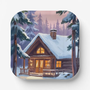 Christmas Cabin Forest Winter Snow Holiday Paper Plate