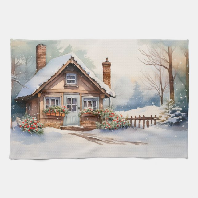 Christmas Cabin in snowy landscape Tea Towel (Horizontal)