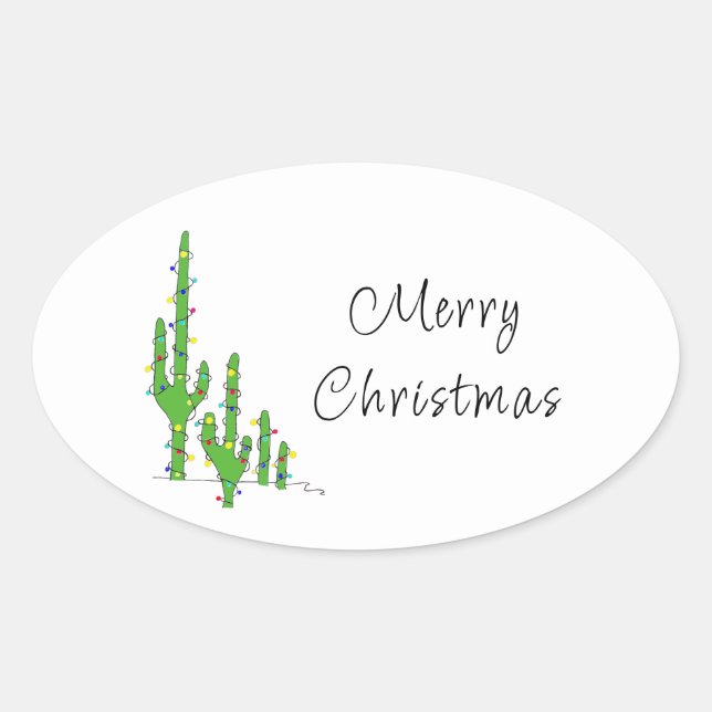 Christmas Cactus Desert Southwest Holiday Oval Sticker (Front)