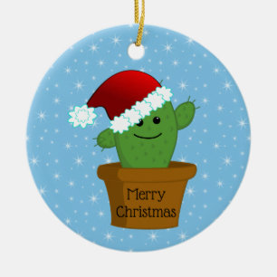 Christmas Cactus in a Santa Hat Ceramic Ornament