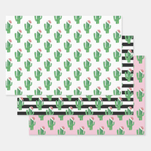Christmas cactus pattern. Santa cacti. Green pink Wrapping Paper Sheet