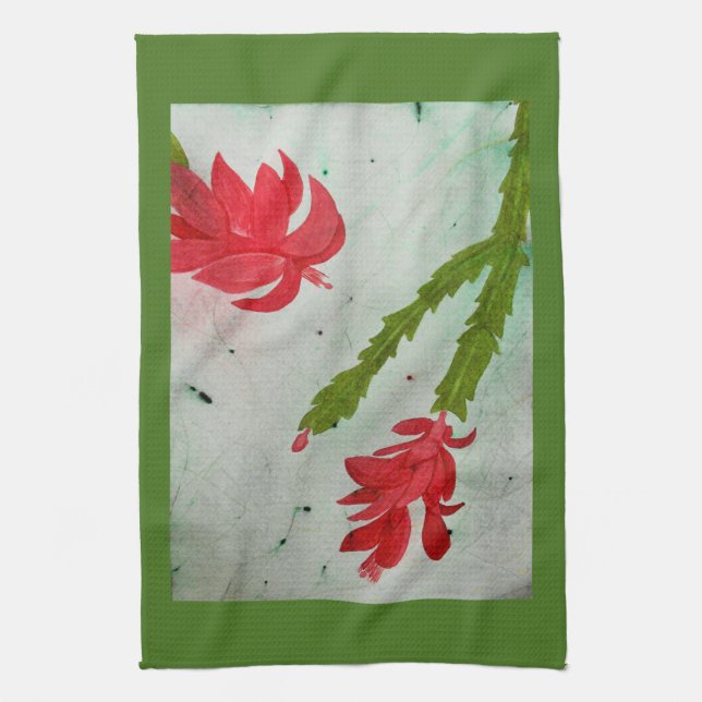 Christmas Cactus watercolor Tea Towel (Vertical)