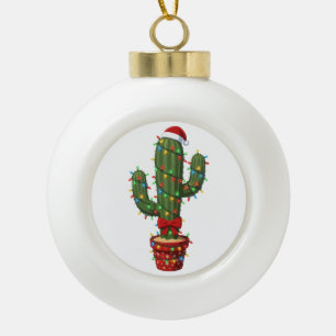 Christmas Cactus Wearing a Santa Hat Xmas Plant Ceramic Ball Christmas Ornament