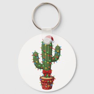Christmas Cactus Wearing a Santa Hat Xmas Plant Key Ring