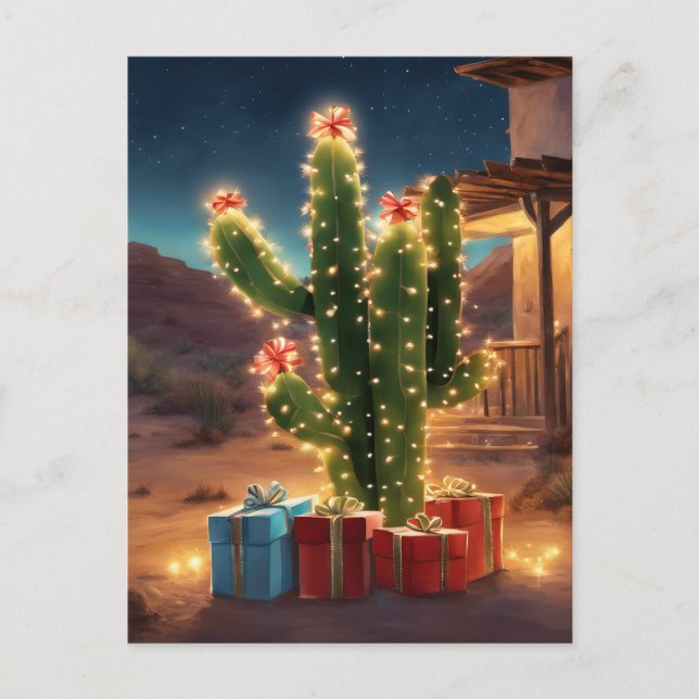 Christmas Cactus With Presents In Front Of A House Postcard (Front)